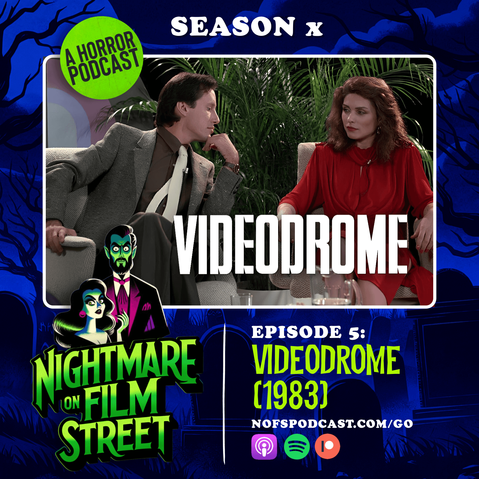 Videodrome (1983) Nightmare on Film Street Podcast cover image. In the image, Tv Producer Max Ren (James Woods) flirts with Radio Host Nicki Brand (Debbie Harry) while taping a television talk show.